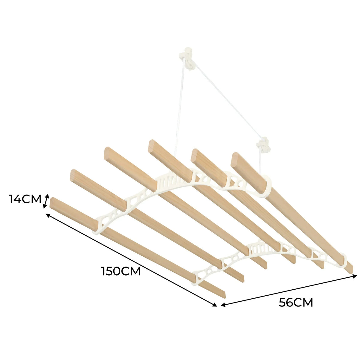 Ceiling pulley clothing airer in ivory with six wooden drying rods, measuring 1.5m in length and 56cm wide, perfect for space-saving laundry drying
