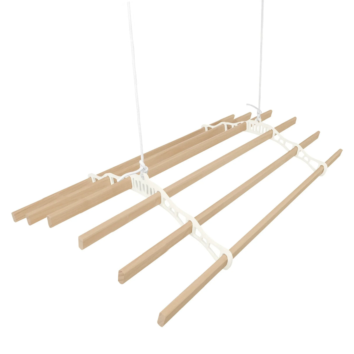 Ceiling pulley clothing airer in ivory with five wooden drying rods, designed for efficient space-saving laundry drying
