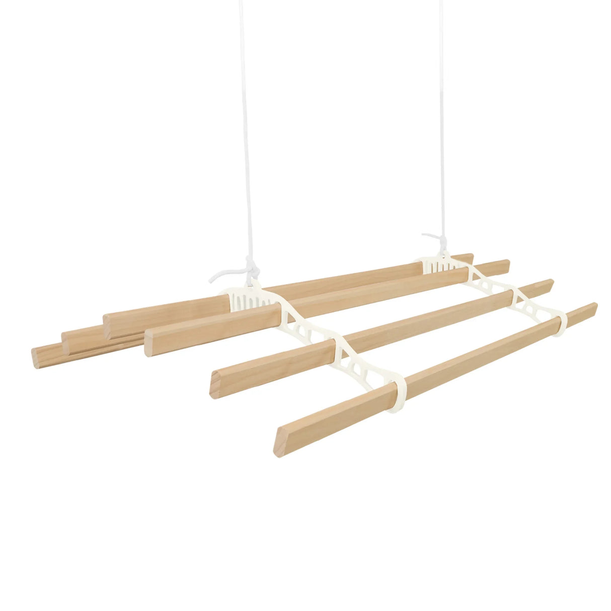 Ceiling pulley clothing airer in ivory with wooden drying rods, featuring a sleek design and adjustable height for efficient drying