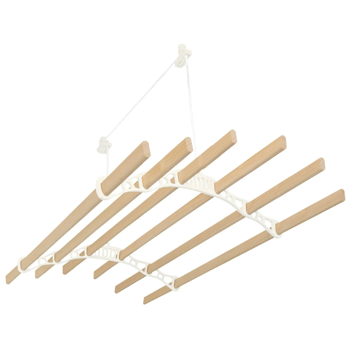 Ivory ceiling pulley clothing airer with six wooden drying rods, featuring a curved design and sturdy white support system