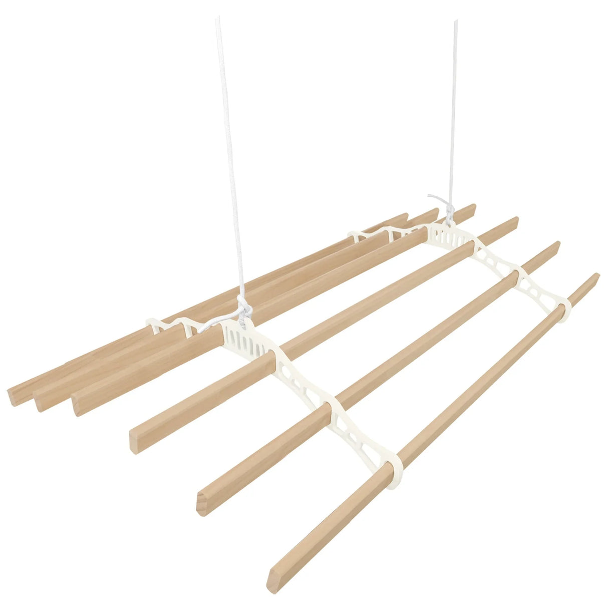 Ceiling pulley clothing airer in ivory with five wooden drying rods, designed for efficient space-saving laundry drying
