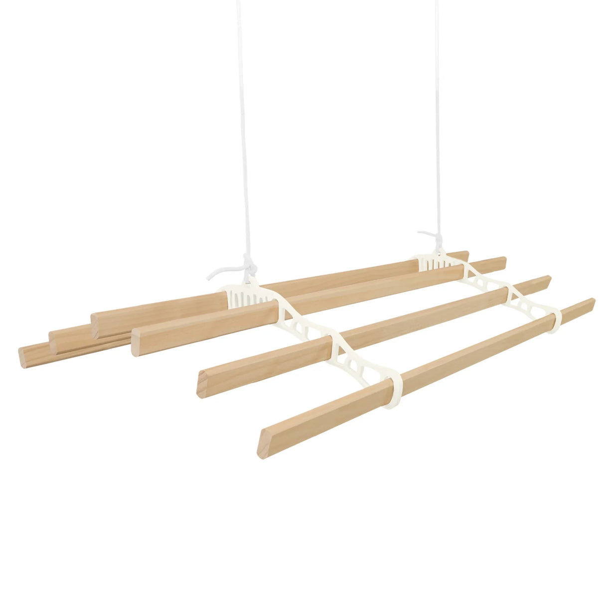 Ceiling pulley clothing airer in ivory with wooden drying rods, ideal for space-saving laundry drying and efficient air circulation