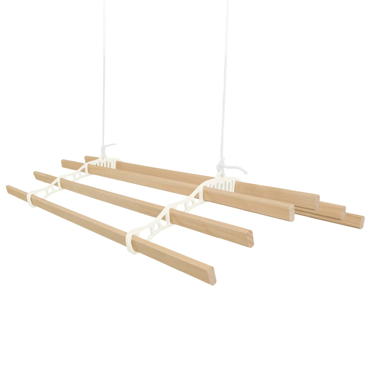 Ceiling pulley clothing airer in ivory with natural wood drying rods, featuring a sleek design for efficient space-saving drying