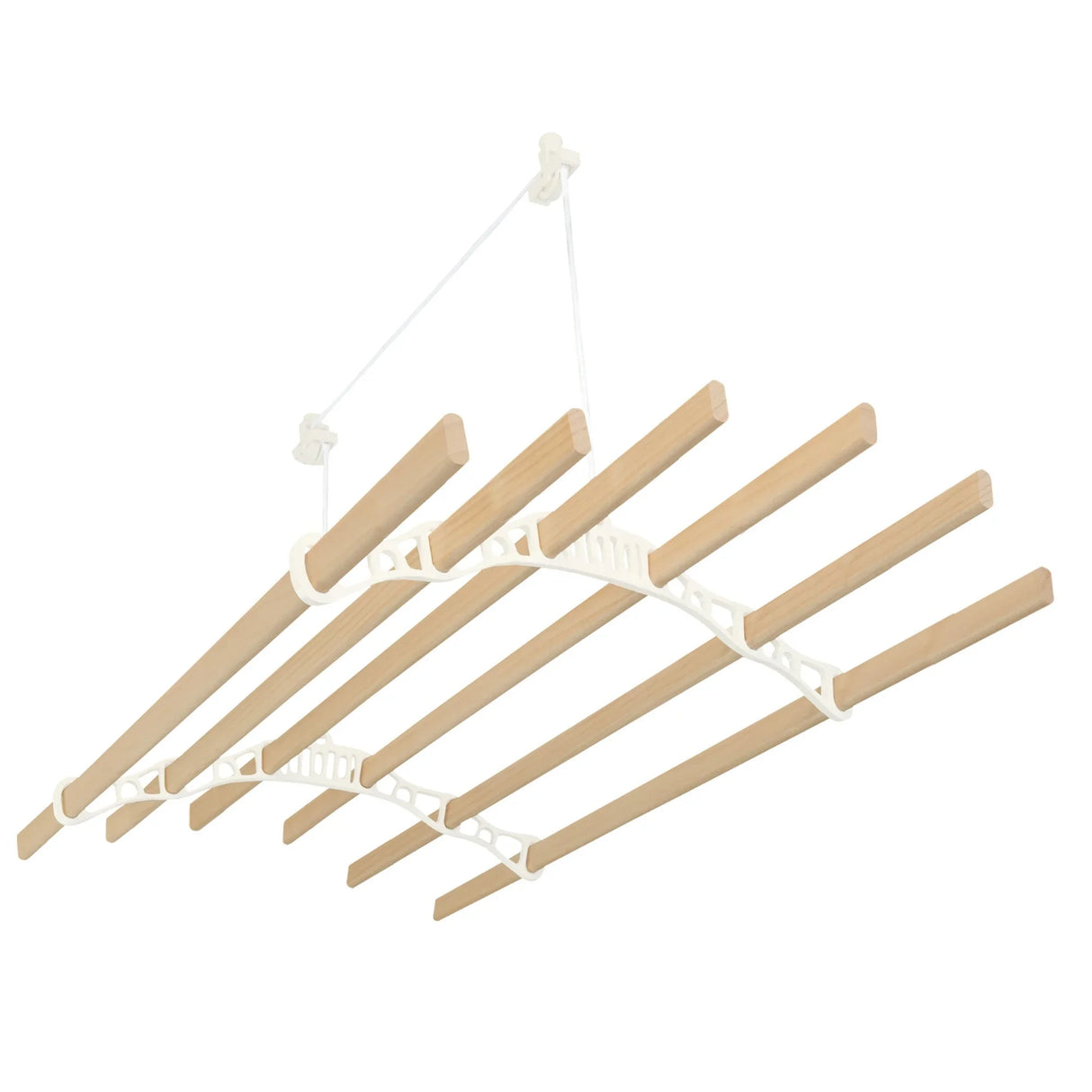 Ceiling pulley clothing airer in ivory with wooden drying rods, featuring a curved design for efficient laundry drying