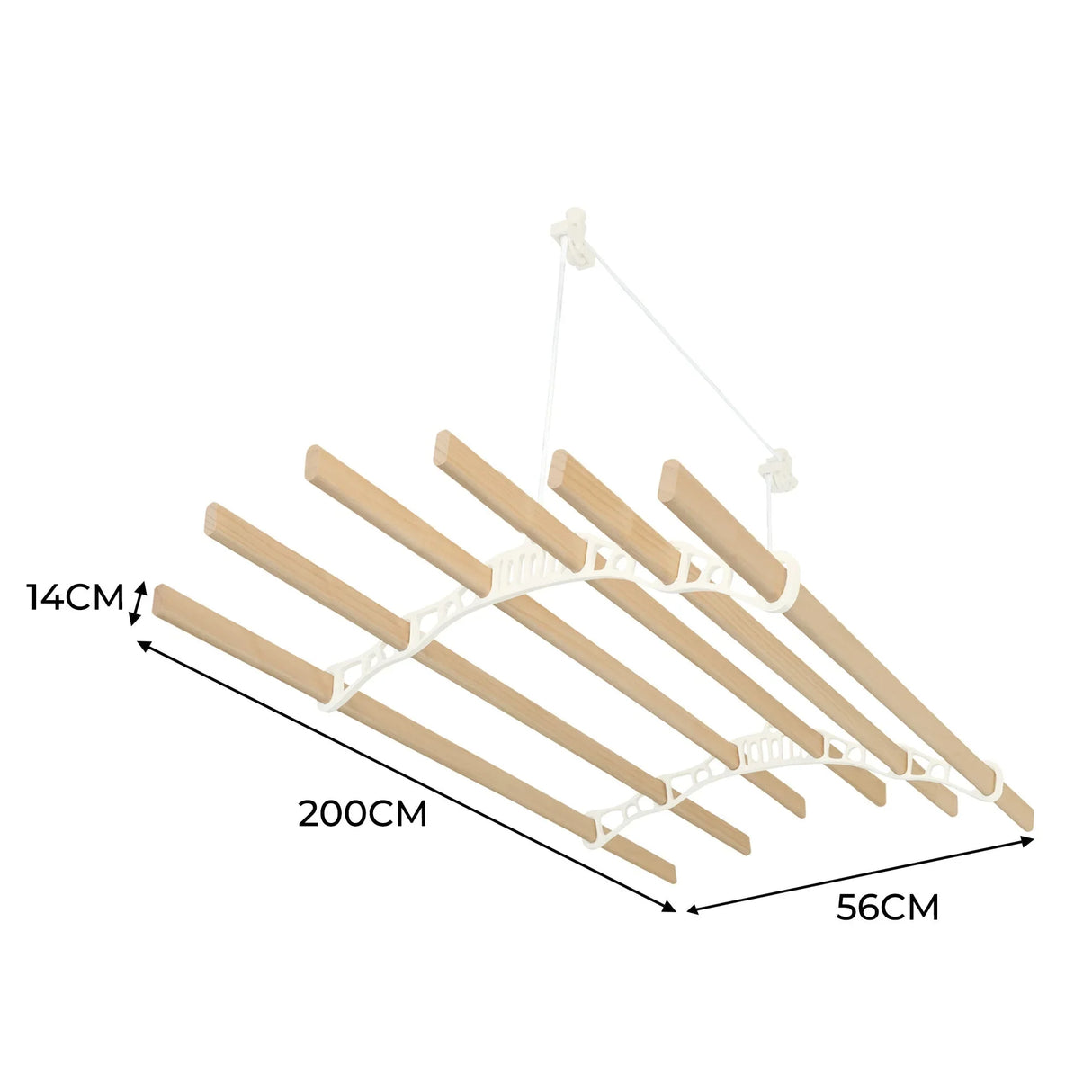 Ceiling-mounted clothing airer in ivory with wooden drying rods, measuring 200cm by 56cm, ideal for space-saving laundry drying