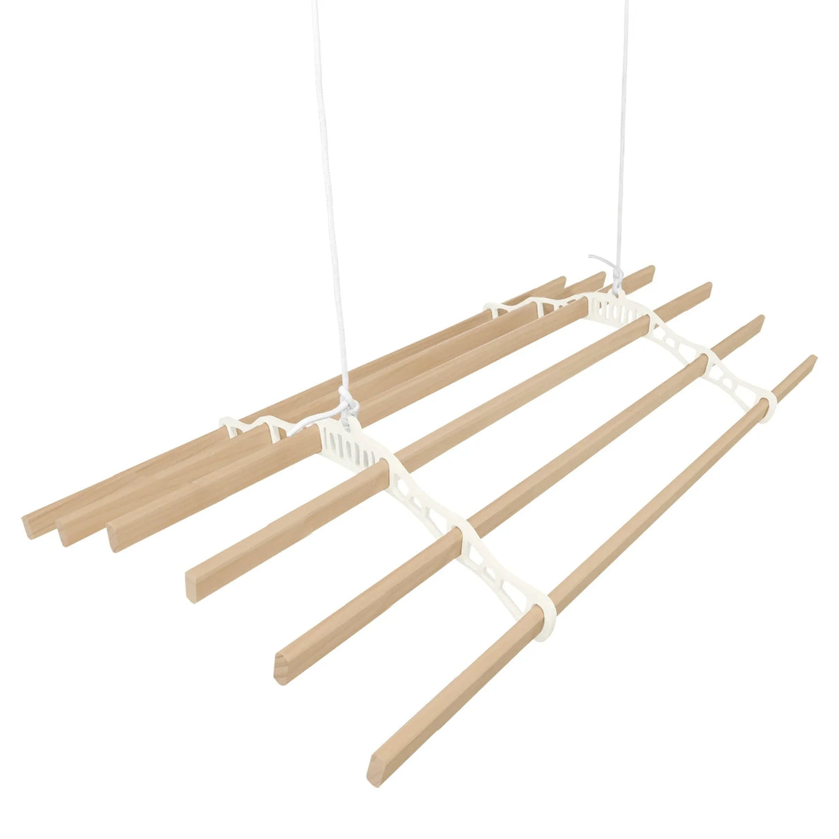 Ceiling pulley clothing airer in ivory, featuring five wooden drying rods and sturdy white plastic supports for efficient drying