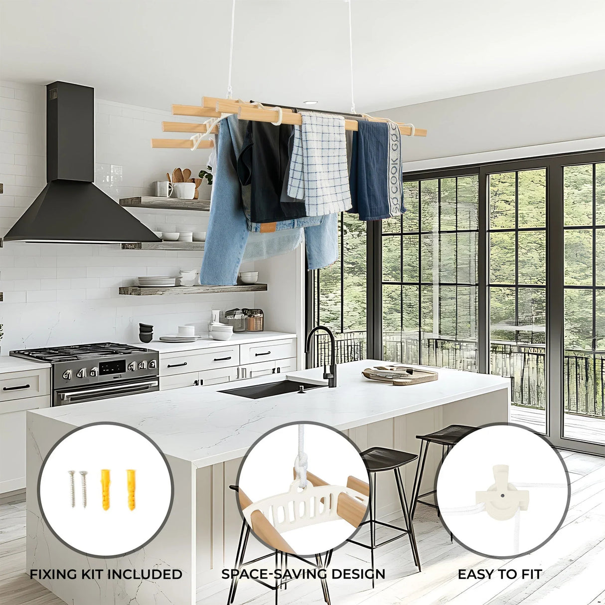 Ivory ceiling pulley clothing airer with wooden drying rack, featuring a sleek, modern design, ideal for space-saving laundry solutions