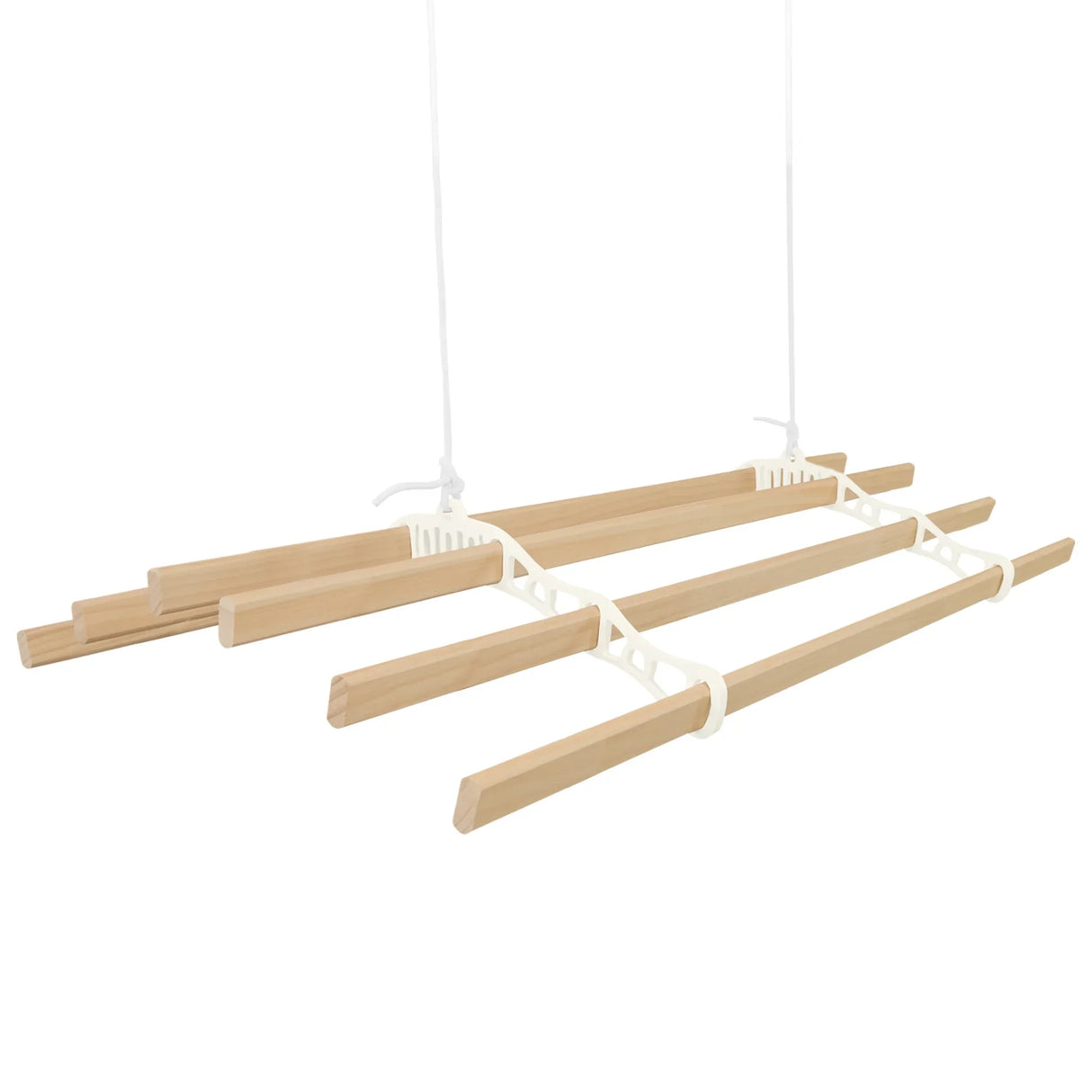 Ceiling pulley clothing airer in ivory with natural wood drying rods, featuring a sleek, minimalist design for efficient drying