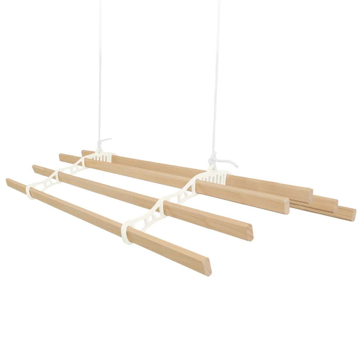 Ceiling pulley clothing airer in ivory with wooden drying rods, featuring a sleek design and adjustable height for efficient drying
