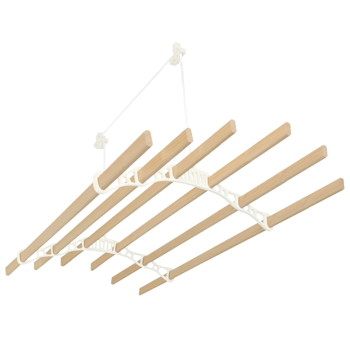 Ceiling-mounted clothing airer in ivory with wooden drying rods, featuring a sleek, curved design for efficient space-saving drying
