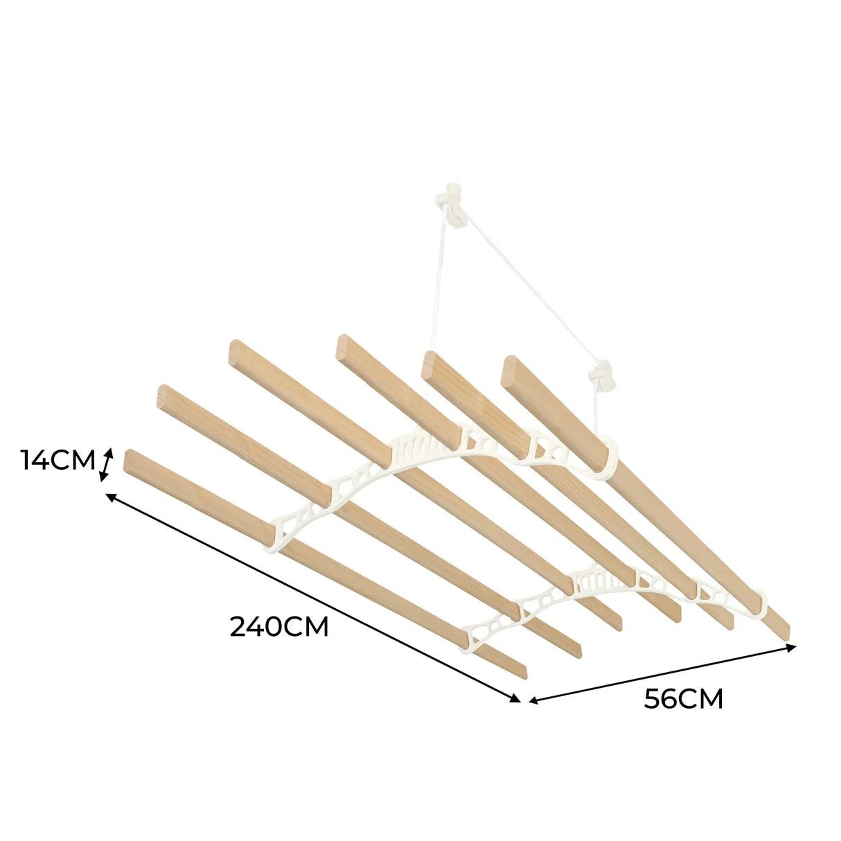 Ceiling pulley clothing airer in ivory with wooden drying rods, measuring 240cm long and 56cm wide, ideal for space-saving laundry solutions
