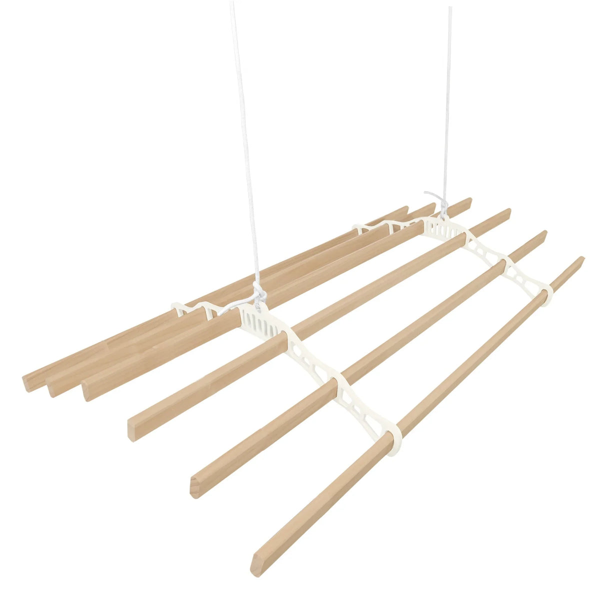 Ceiling pulley clothing airer in ivory with five wooden drying rods, ideal for space-saving laundry drying solutions