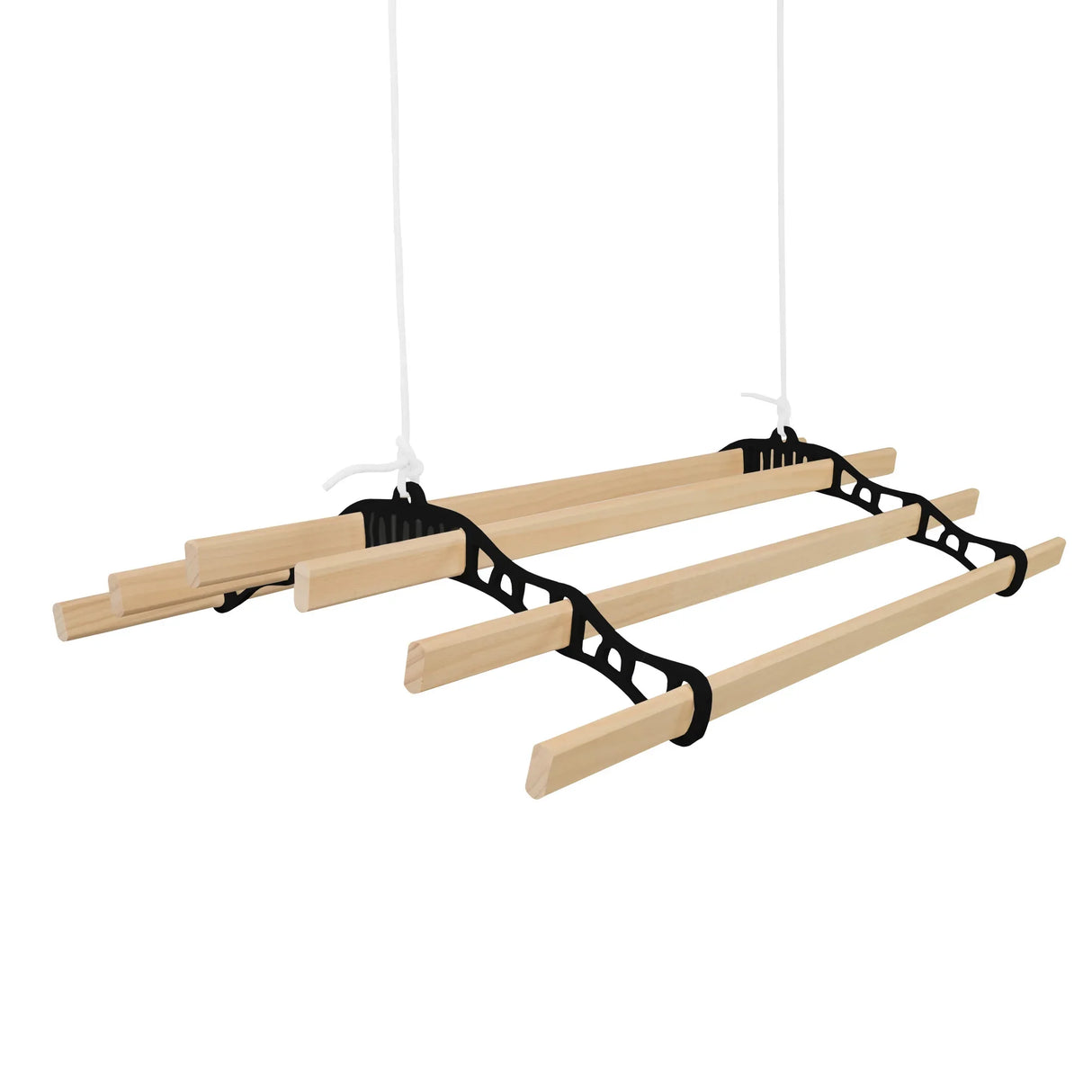 Ceiling pulley clothing airer in black with four wooden drying rods, ideal for space-saving laundry drying solutions
