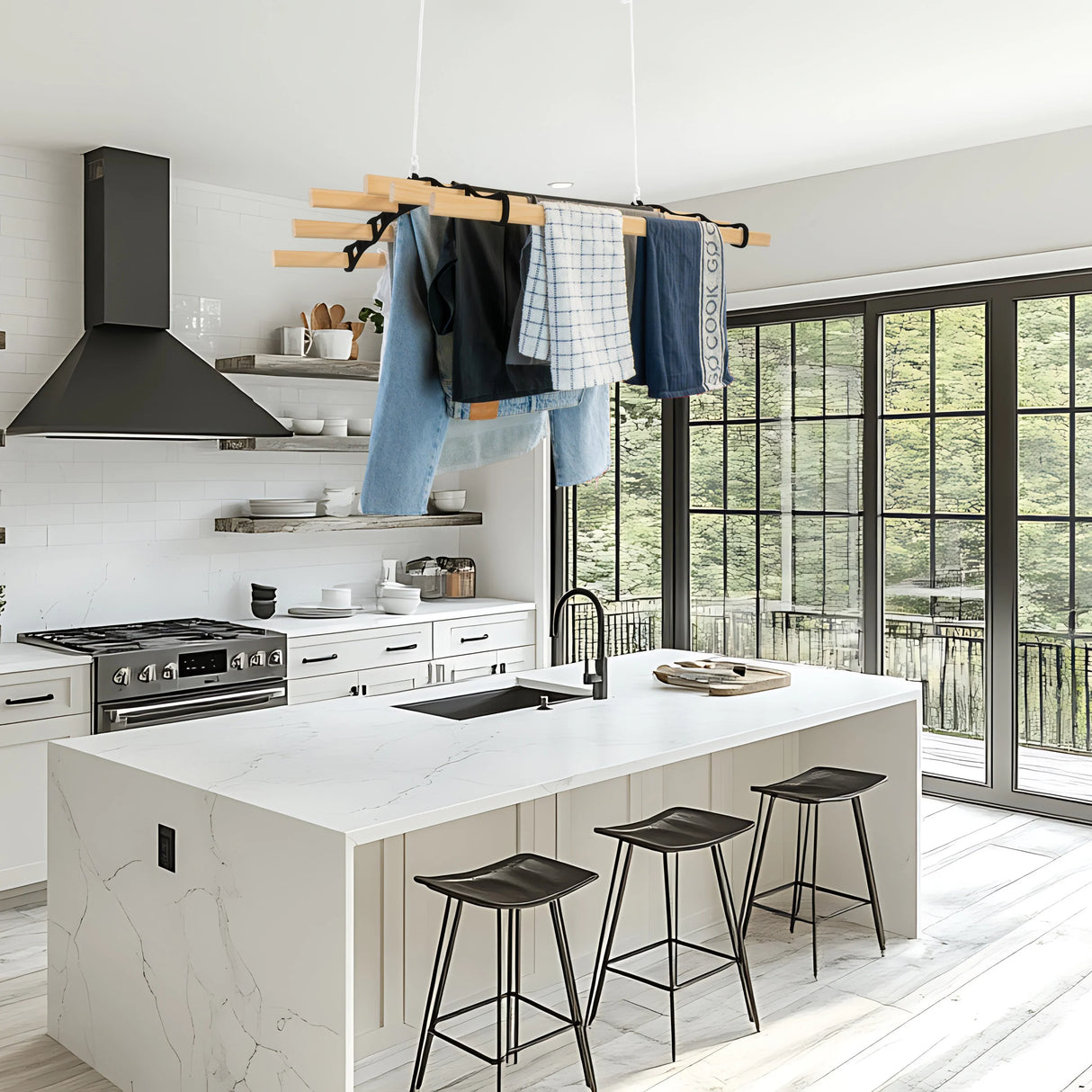 Ceiling pulley clothing airer in black, featuring wooden drying racks with clothes hanging, set in a modern kitchen with large windows