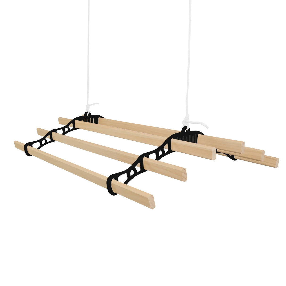 Ceiling pulley clothing airer in black with three wooden drying rods, ideal for space-saving laundry drying solutions