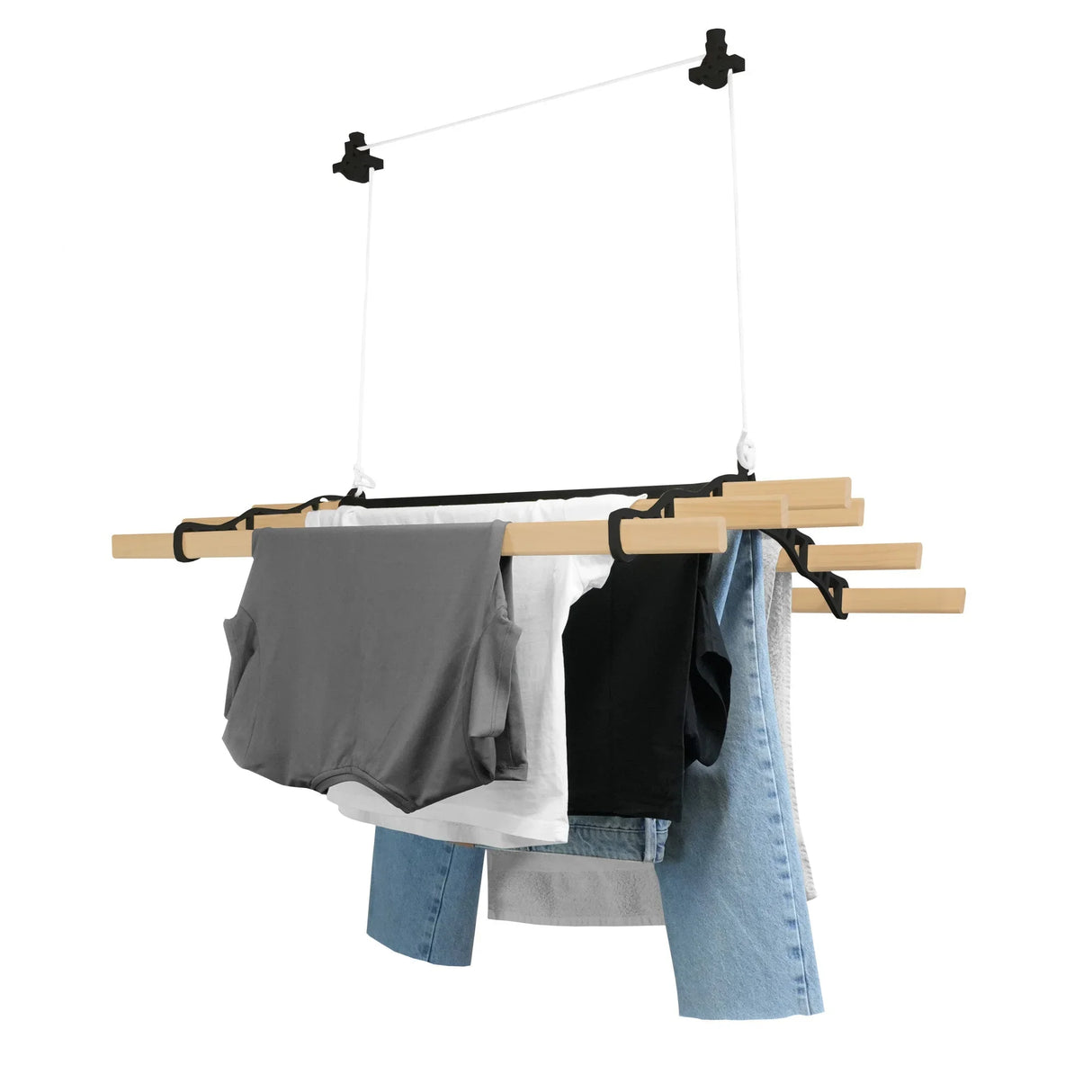 Ceiling pulley clothing airer in black with wooden drying bars, showcasing gray and black shirts and blue jeans hanging for drying