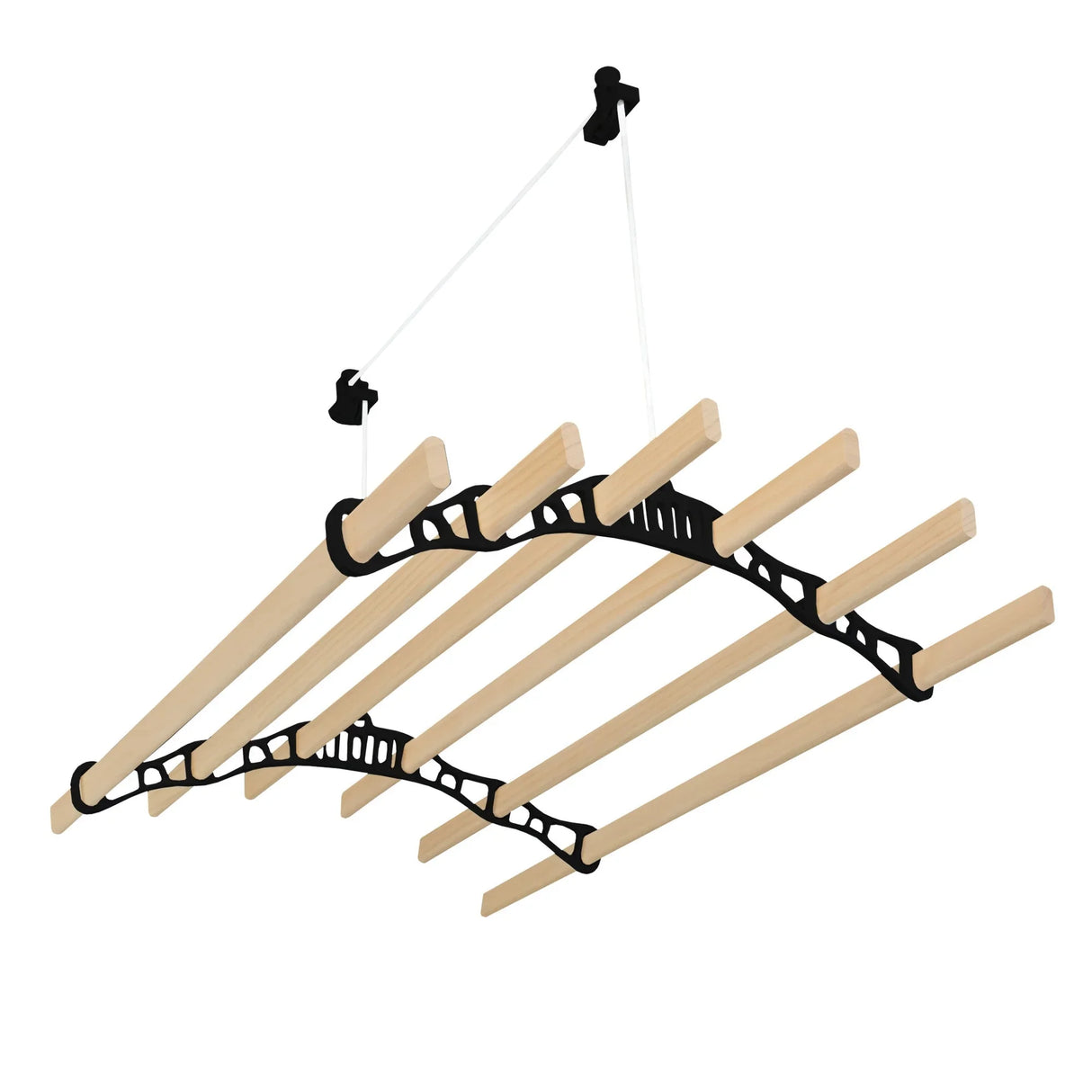 Ceiling pulley clothing airer in black with wooden drying rods, featuring a sleek design and adjustable height for efficient drying
