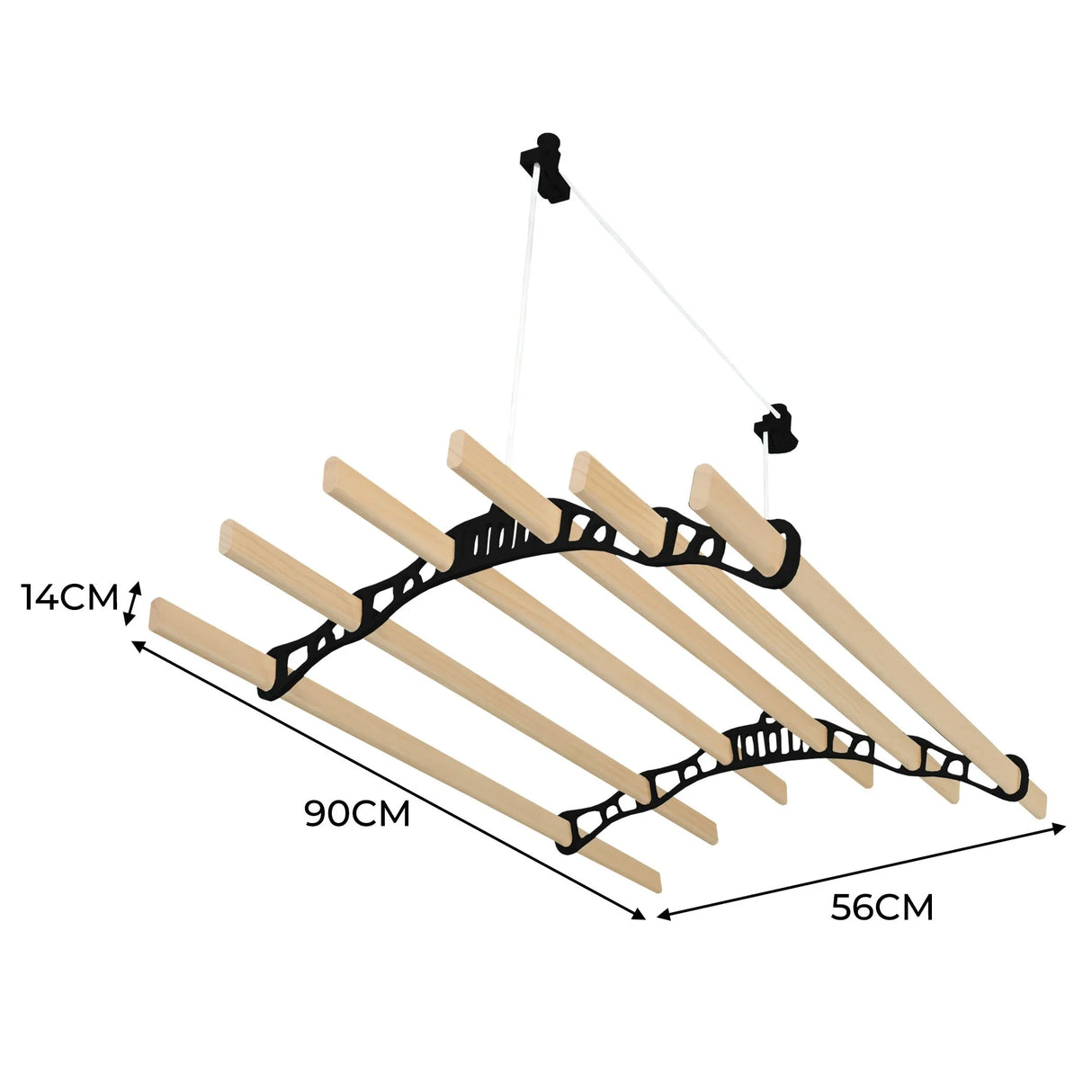 Ceiling pulley clothing airer in black with wooden drying rods, measuring 0.9m wide and 0.14m high, ideal for space-saving laundry drying