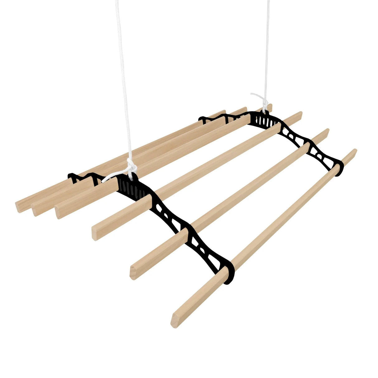 Ceiling pulley clothing airer in black with five wooden drying rods, featuring a sturdy design and adjustable hanging ropes