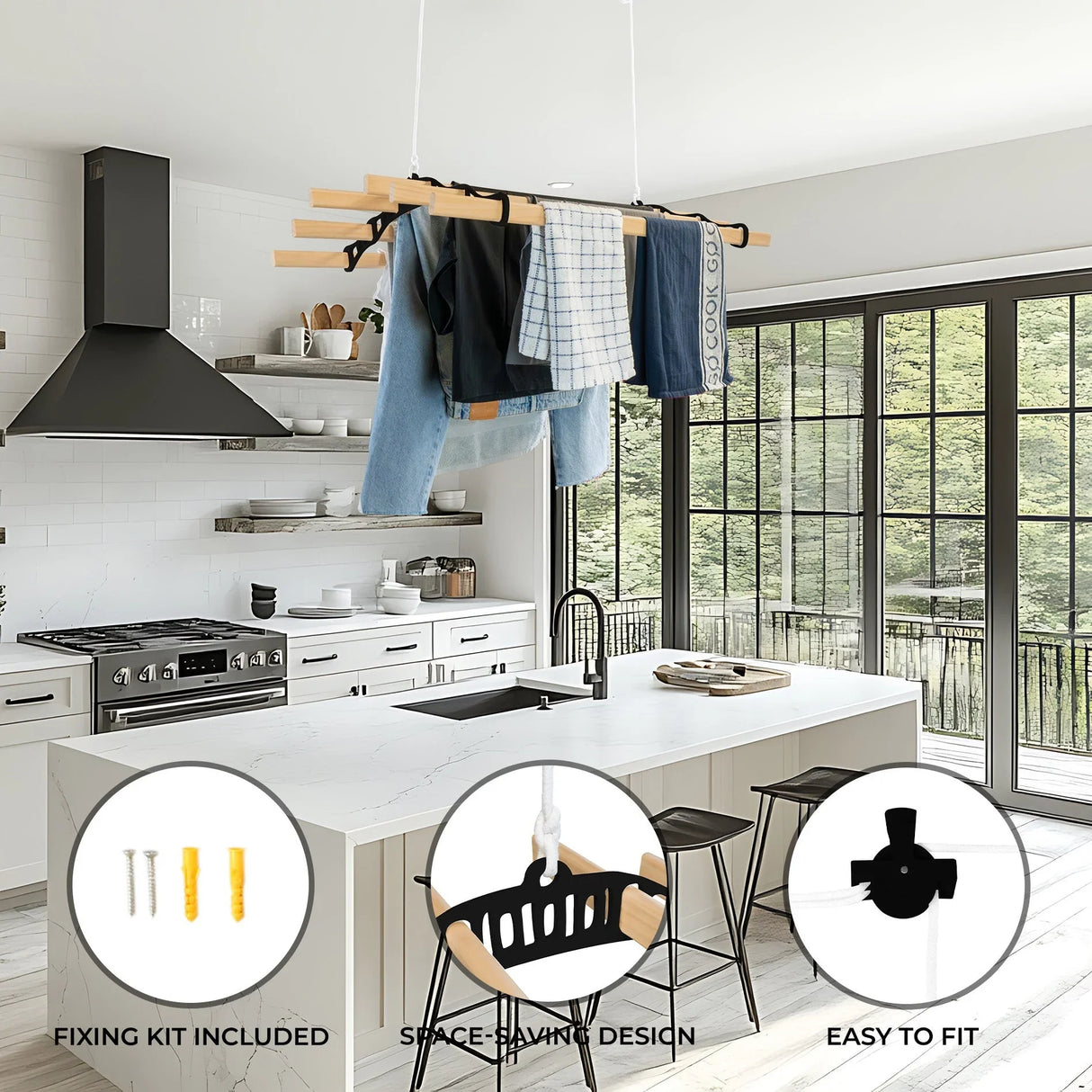 Ceiling pulley clothing airer in black, featuring wooden drying racks with clothes hanging, ideal for space-saving laundry solutions