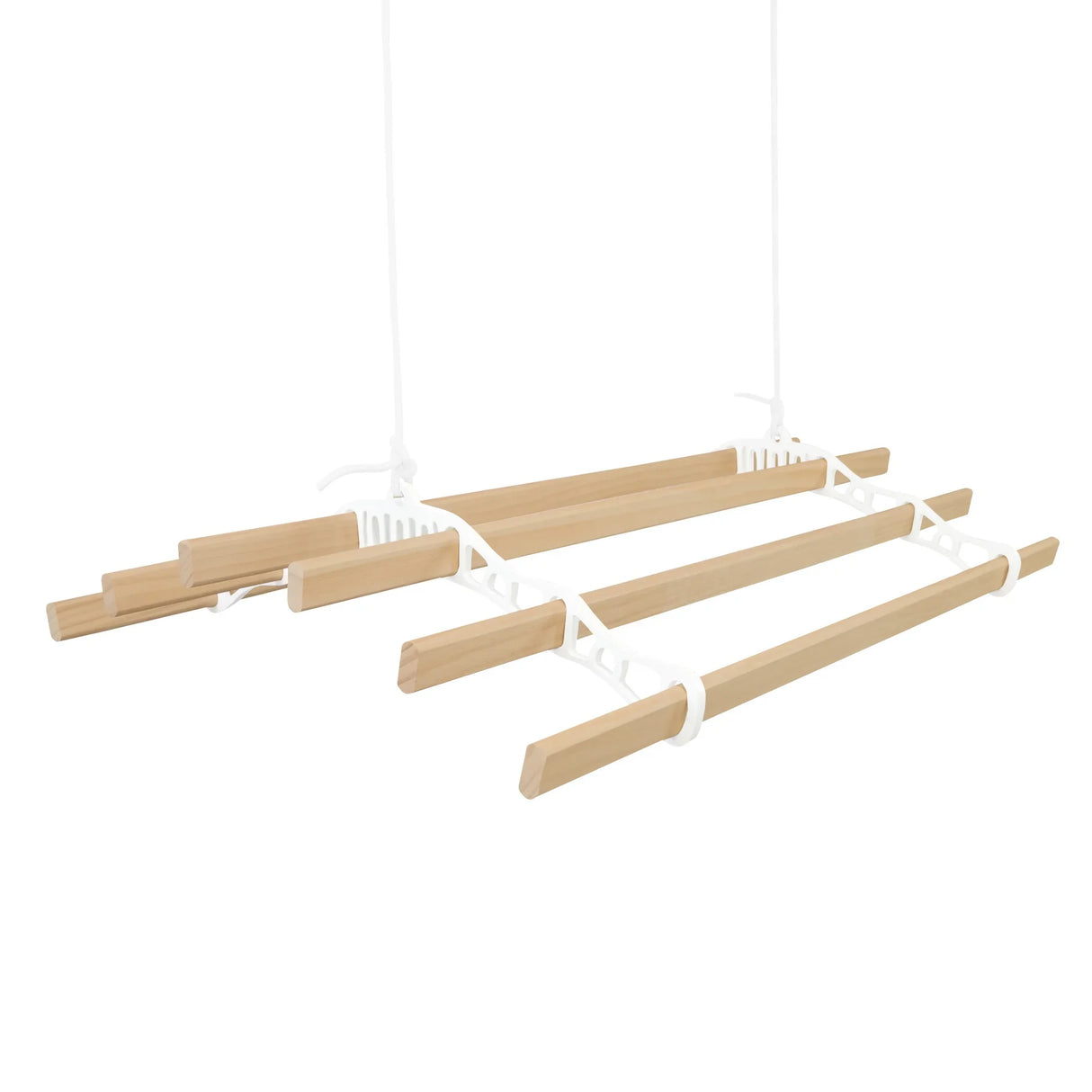 Ceiling pulley clothing airer in white with wooden drying rods, featuring a sleek design for efficient space-saving laundry drying
