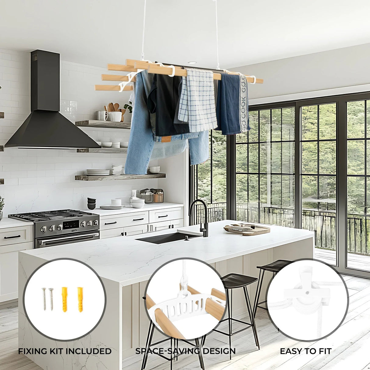 Ceiling pulley clothing airer in white, featuring wooden rods holding garments, designed for space-saving and easy installation