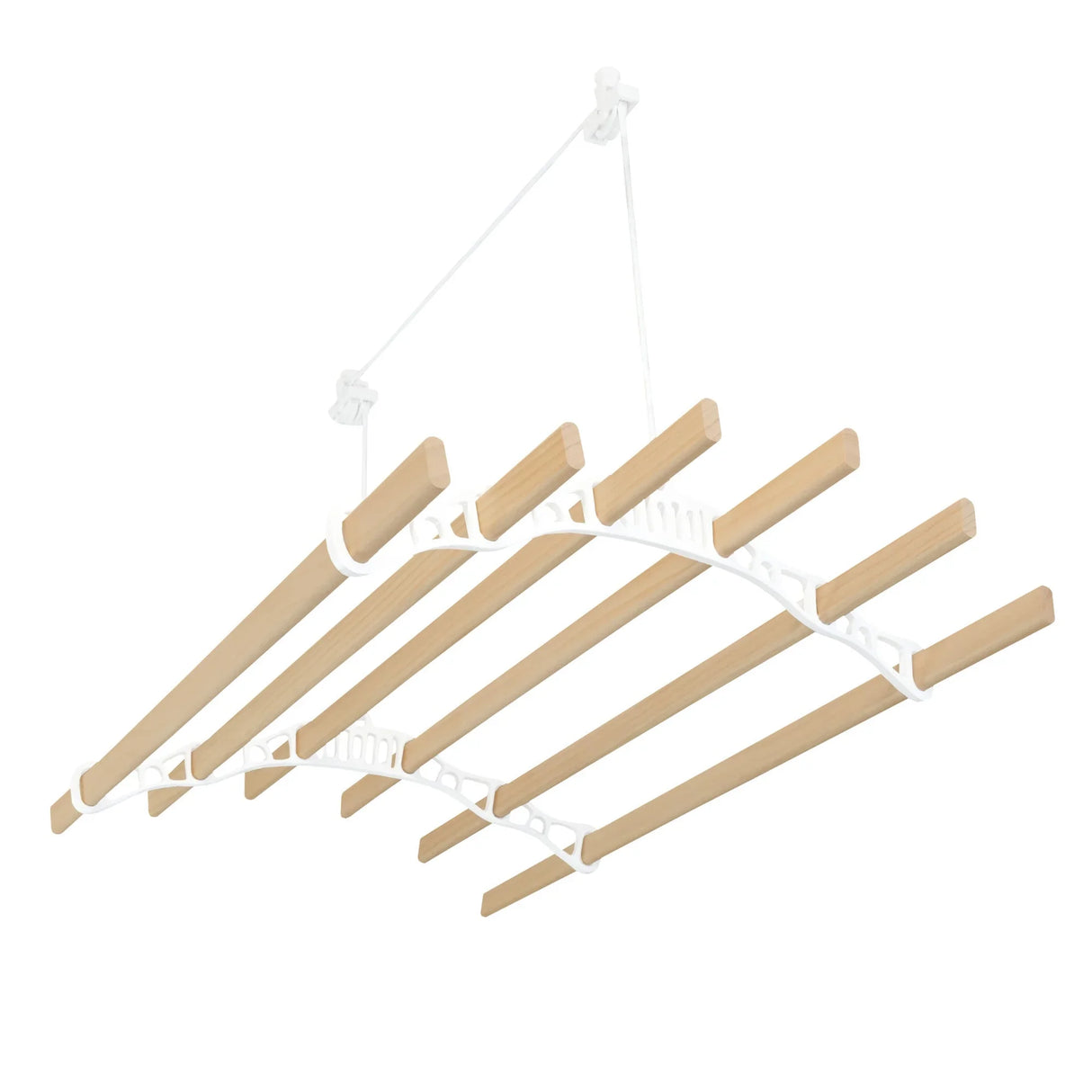 Ceiling-mounted clothing airer with white pulleys and natural wood drying rods, designed for efficient space-saving laundry drying
