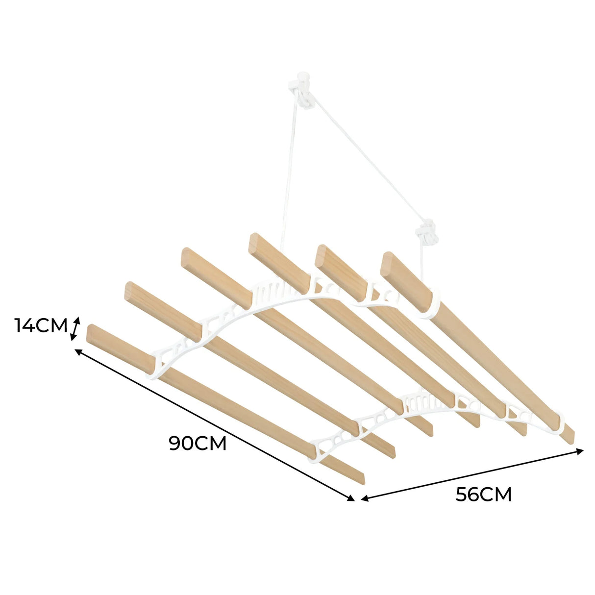 Ceiling-mounted clothing airer in white with wooden drying rods, measuring 0.9m wide and 0.14m high, ideal for space-saving laundry drying