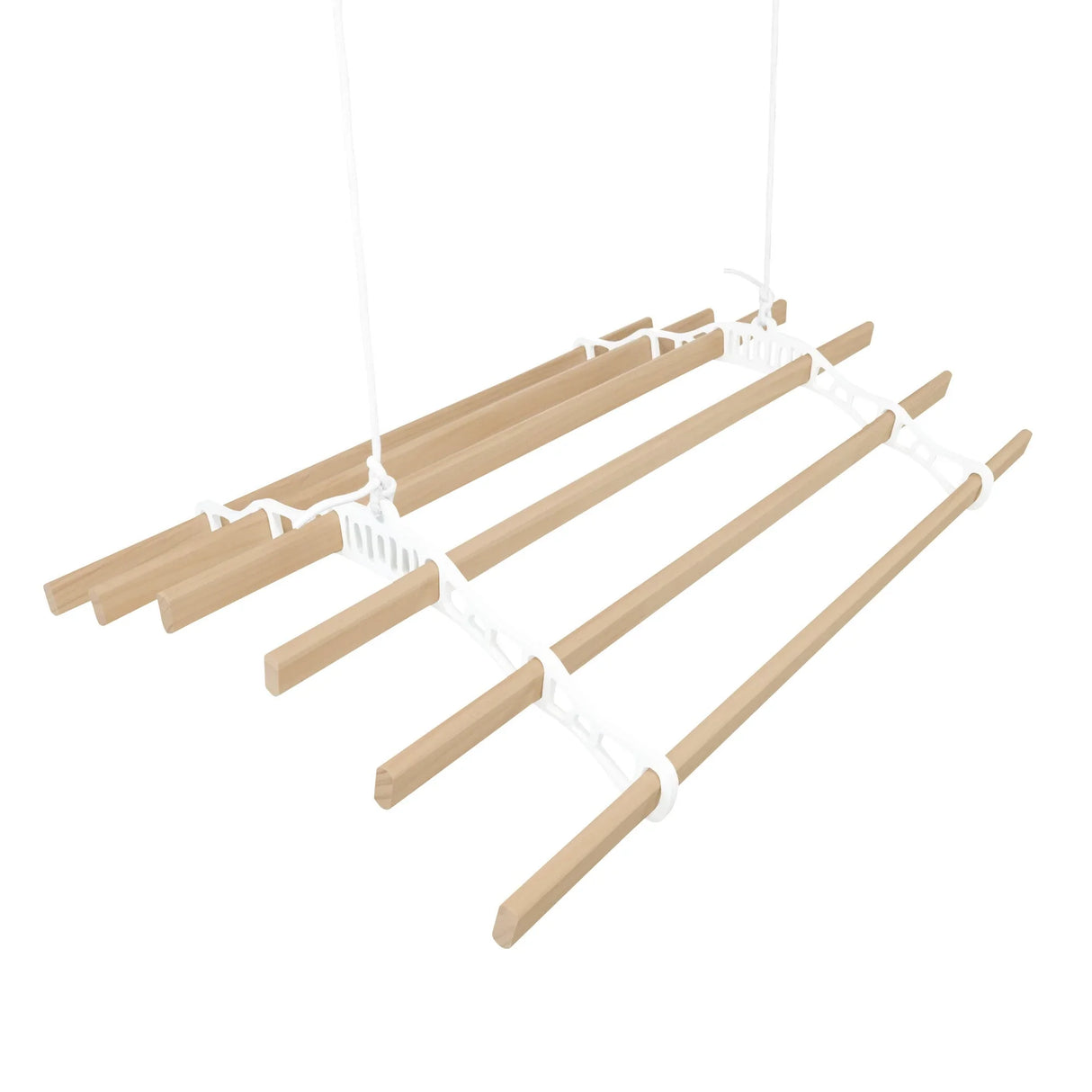 Ceiling-mounted clothing airer with white pulleys and natural wood drying rods, designed for efficient space-saving laundry drying