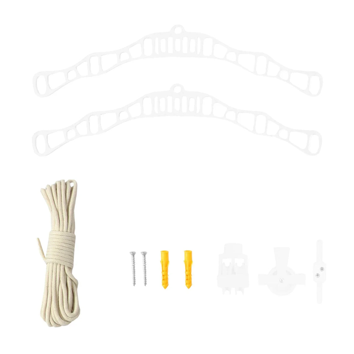 Ceiling pulley clothing airer in white, featuring two sturdy brackets, a length of cord, screws, and wall anchors for easy installation