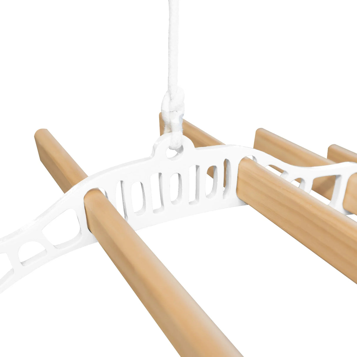 Ceiling pulley clothing airer in white with wooden drying rods, featuring a sturdy design for efficient space-saving laundry drying