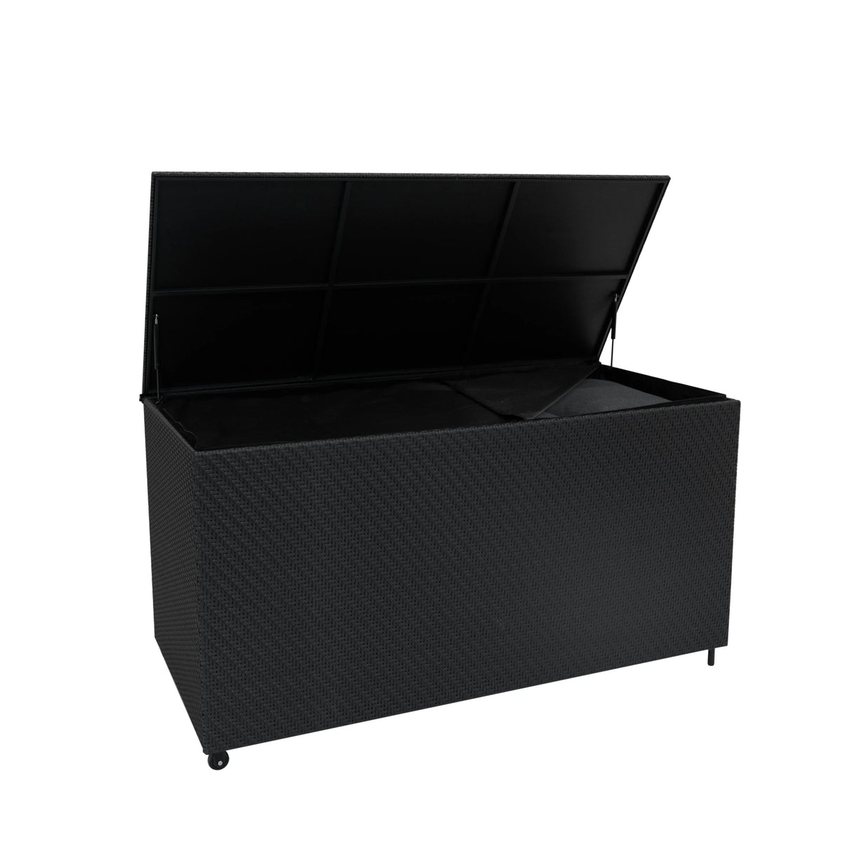Black rattan storage box with a spacious 700L capacity, featuring a textured surface and a hinged lid for easy access