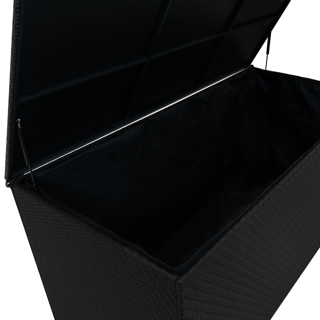 Black rattan storage box with a spacious 700L interior, featuring a sleek woven texture and a hinged lid for easy access