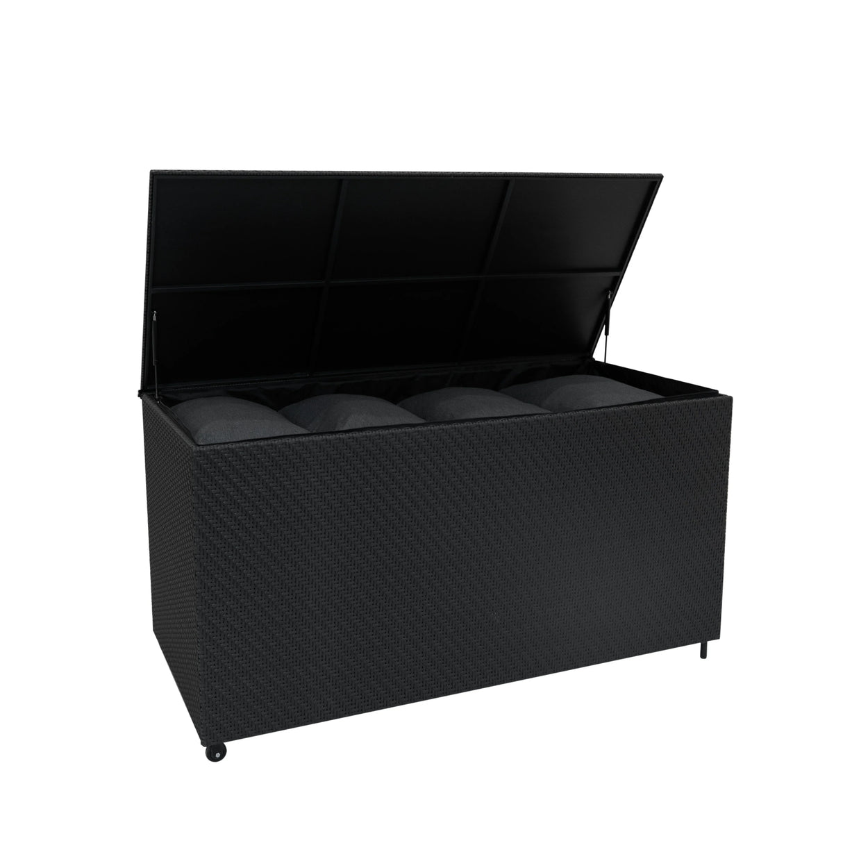 Black rattan storage box with a spacious 700L capacity, featuring a textured surface and a hinged lid for easy access