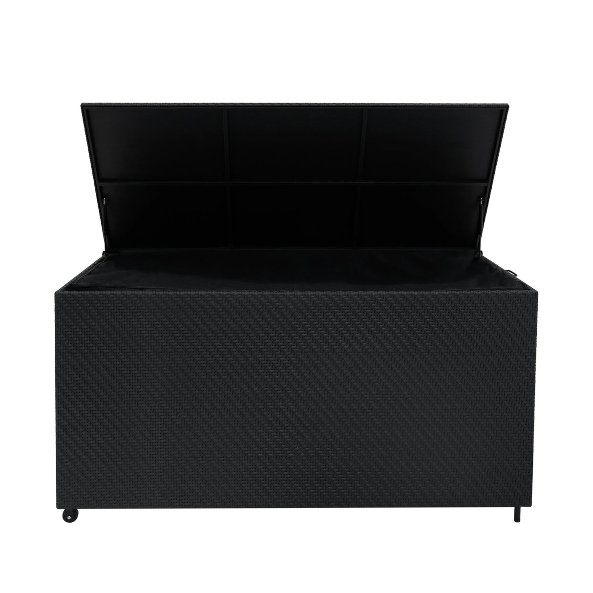 Black rattan storage box with a spacious 700L capacity, featuring a textured exterior and a hinged lid for easy access