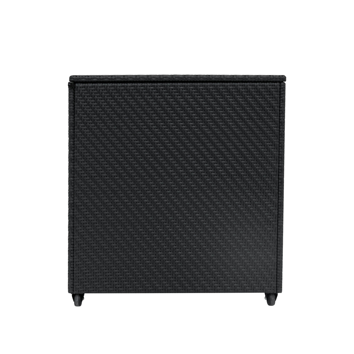 Black rattan storage box with a textured finish, featuring a sleek rectangular shape and sturdy feet for stability, ideal for outdoor use
