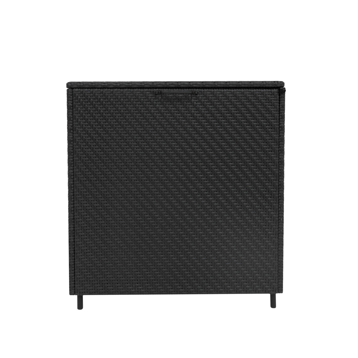 Black rattan storage box with a textured weave, 700L capacity, sleek design, and sturdy legs for outdoor or indoor use