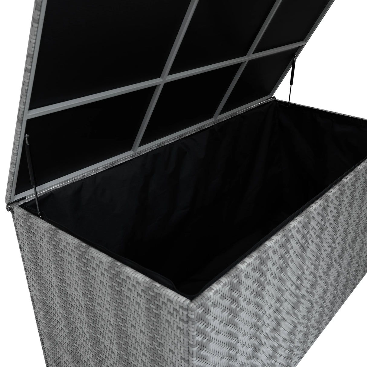 Grey rattan storage box with a spacious interior, featuring a sleek woven texture and a hinged lid for easy access