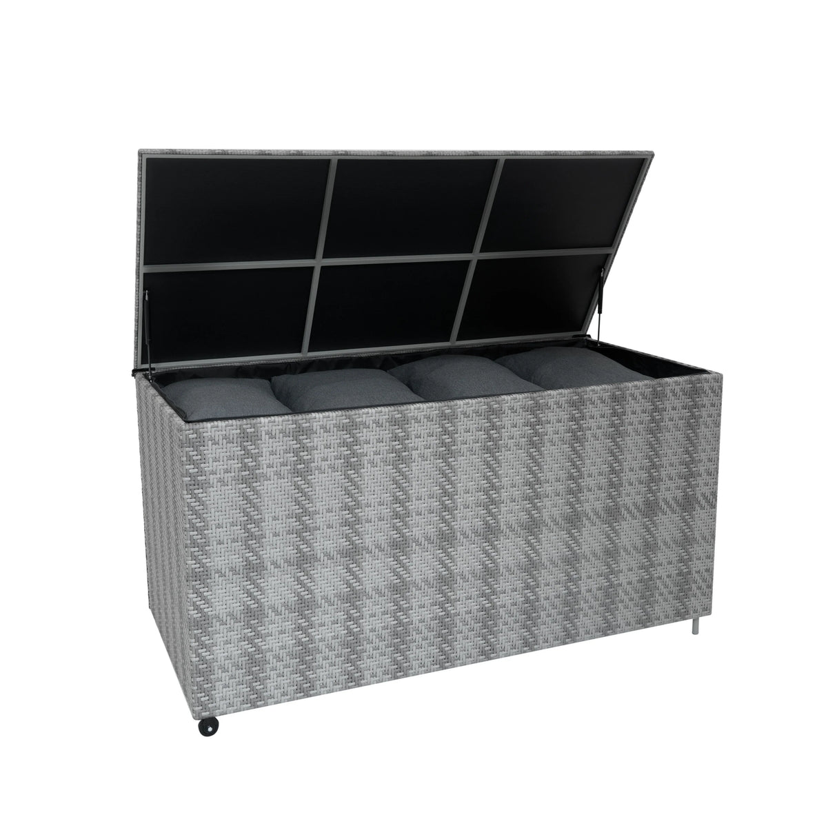 Grey rattan storage box with a spacious 700L capacity, featuring a textured woven design and a hinged lid for easy access