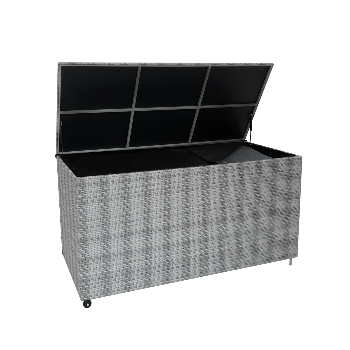 Grey rattan storage box with a textured weave, spacious 700L interior, and a hinged lid for easy access and organization
