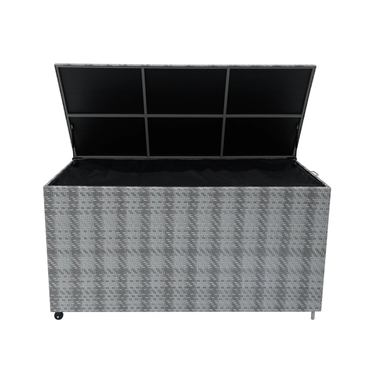 Grey rattan storage box with a spacious 700L interior, featuring a textured weave and a hinged lid for easy access