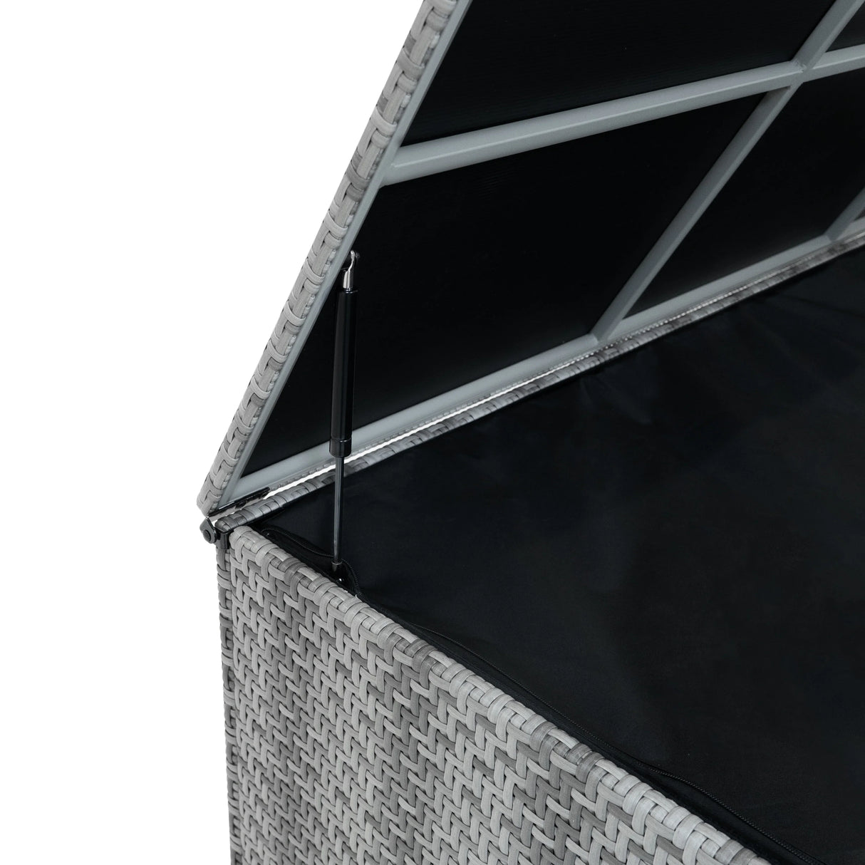 Grey rattan storage box with a spacious 700L interior, featuring a textured woven design and a sturdy lid with gas struts