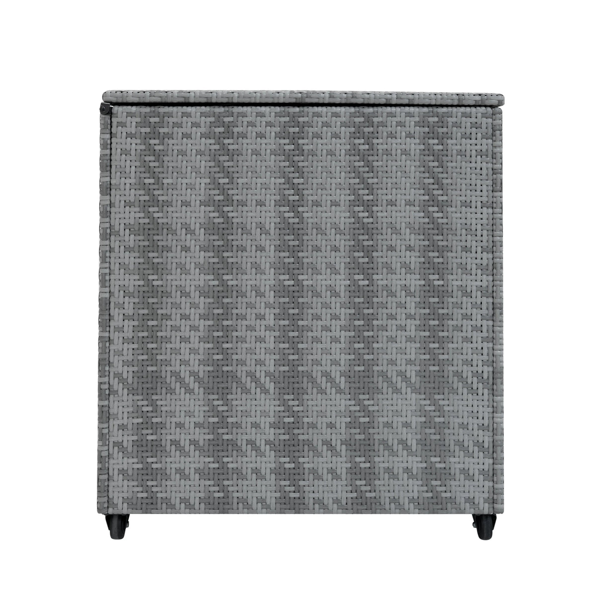 Grey rattan storage box with a textured weave design, featuring a spacious 700L capacity and sturdy feet for stability