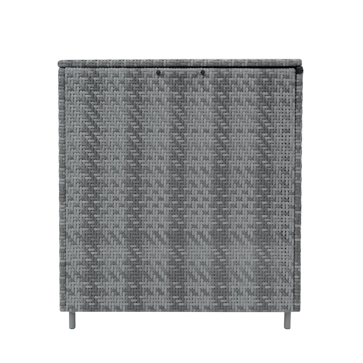 Grey rattan storage box with a textured woven design, featuring a spacious 700L capacity and sturdy metal legs for stability