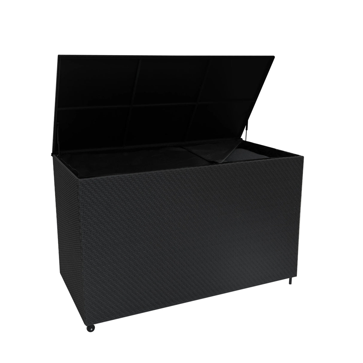 Black rattan storage box with a textured weave, spacious interior, and a hinged lid for easy access, perfect for organizing items