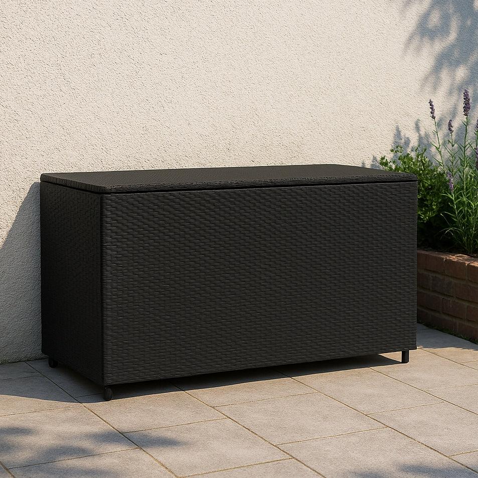 Black rattan storage box with a textured weave, spacious design, and sleek finish, perfect for outdoor organization and decor