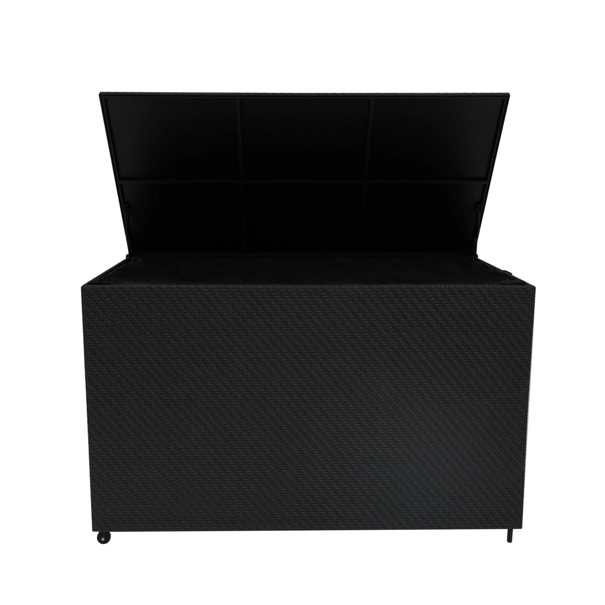 Black rattan storage box with a spacious interior, textured surface, and a hinged lid, perfect for organizing items stylishly