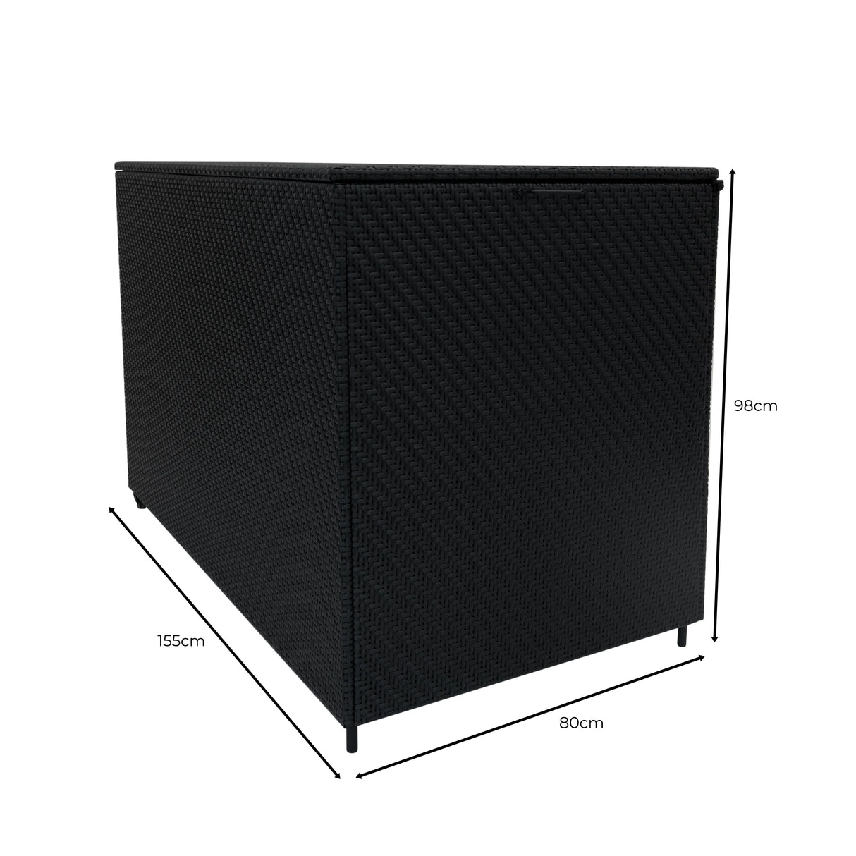 Black rattan storage box with a textured finish, measuring 155cm long, 80cm wide, and 98cm high, ideal for outdoor use