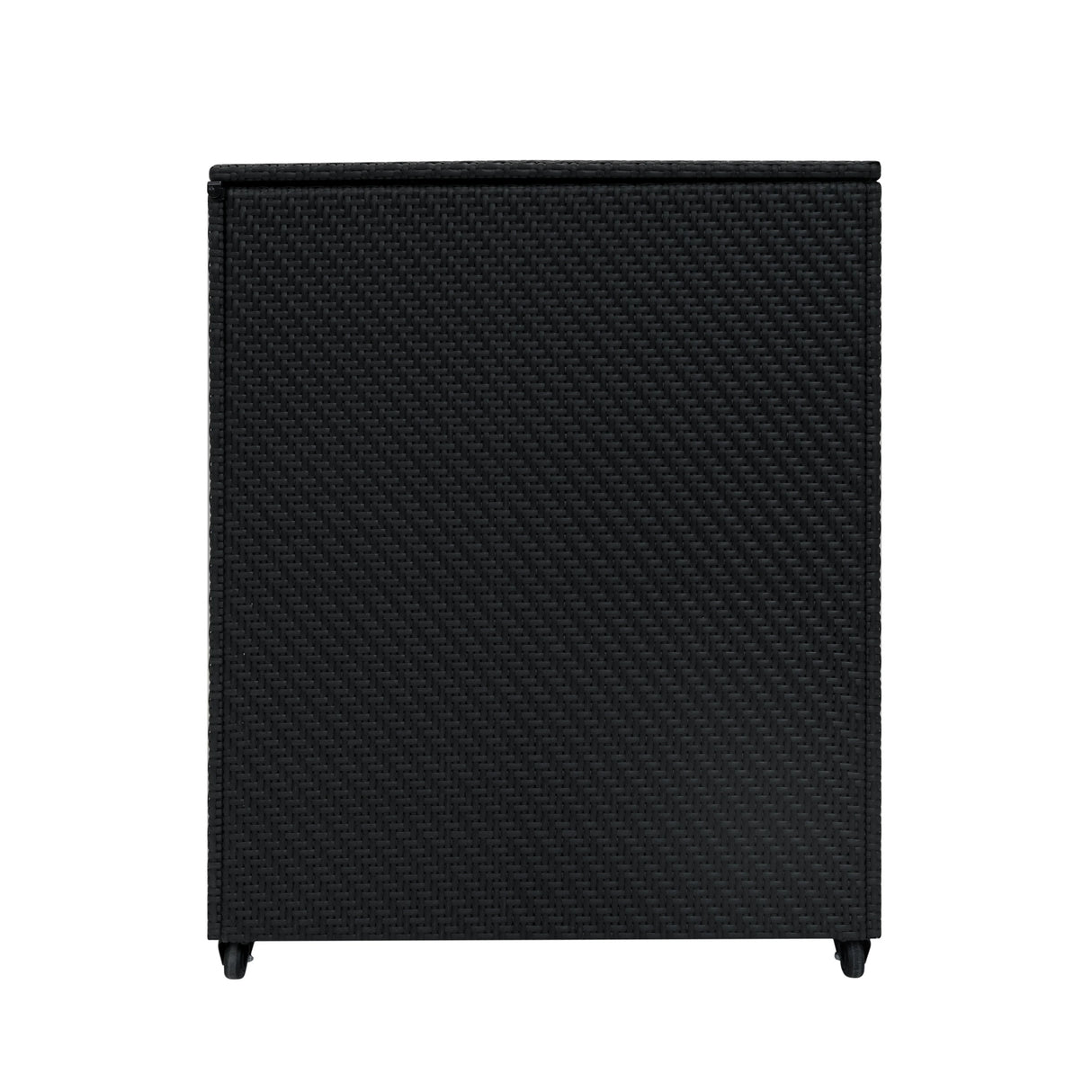 Black rattan storage box with a textured weave design, sturdy construction, and smooth edges, ideal for organizing spaces
