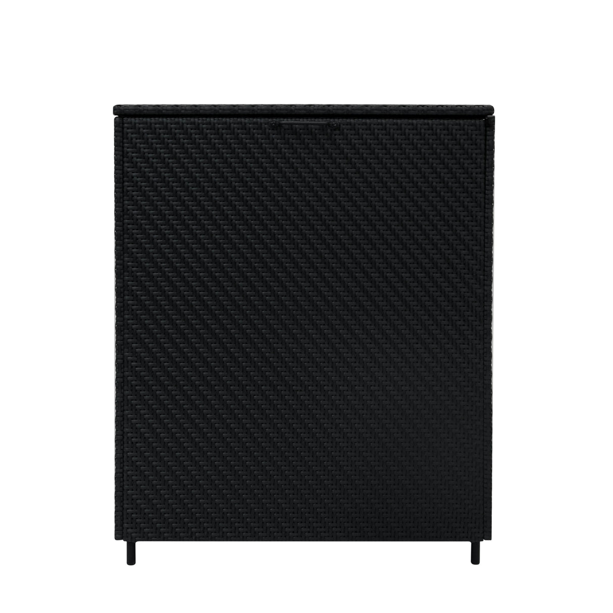 Black rattan storage box with a textured woven design, featuring a sleek rectangular shape and sturdy legs for stability